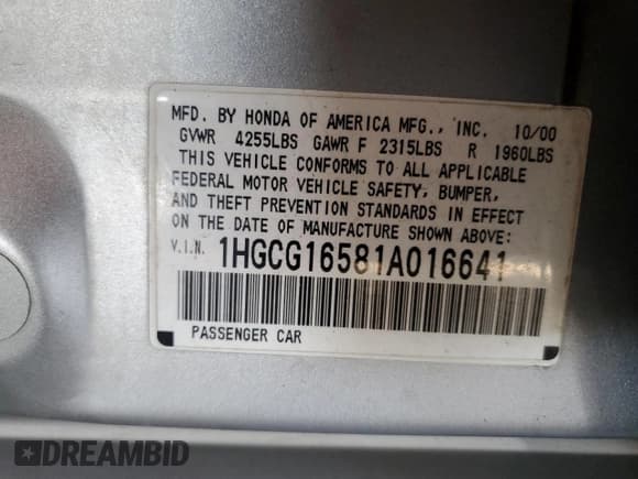 ✅ 2001 Honda Accord EX • VIN: 1HGCG16581A016641 • Лот: 91690885. Опубликован ранее на Copart с пробегом 172 413 миль. Бесплатный доступ к архиву аукционных продаж из США и подробный отчёт об истории автомобиля на DreamBid. Изображение 12.