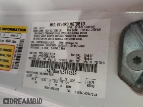 ✅ 2020 Ford Mustang EcoBoost Premium • VIN: 1FATP8UH1L5114562 • Lot: 90900365. Listed on Copart with 69,072 mi. Free auction sales archive from the USA and detailed vehicle history report at DreamBid. Image 12.