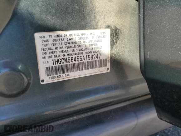 ✅ 2005 Honda Accord LX • VIN: 1HGCM56455A158247 • Лот: 91285545. Опубликован ранее на Copart с пробегом 207 566 миль. Бесплатный доступ к архиву аукционных продаж из США и подробный отчёт об истории автомобиля на DreamBid. Изображение 12.