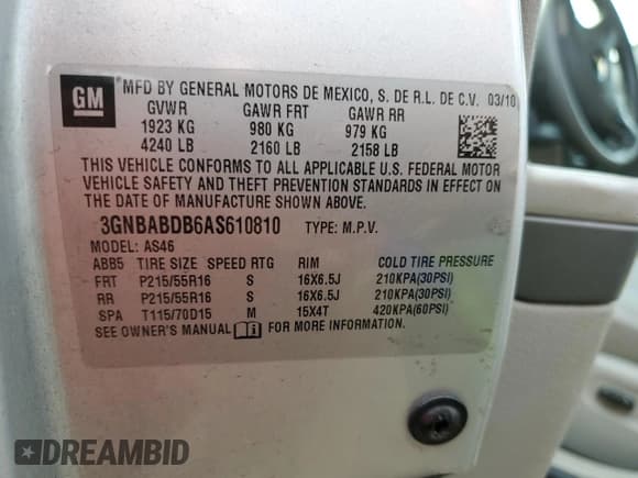 ✅ 2010 Chevrolet HHR 1LT • VIN: 3GNBABDB6AS610810 • Lot: 46869955. Listed on Copart with 201,305 mi. Free auction sales archive from the USA and detailed vehicle history report at DreamBid. Image 14.