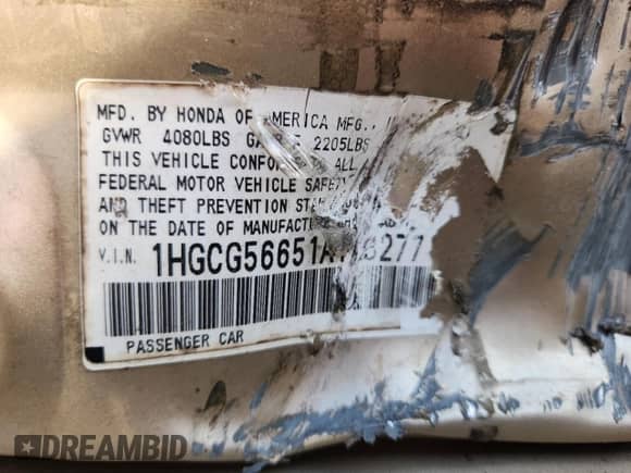 2001 Honda Accord EX с VIN 1HGCG56651A113277, выставлен на аукционе Copart как лот 63348235 с пробегом 354 124 миль миль и Списание • Salvage title. История ставок и продаж доступна на DreamBid. Изображение 13.