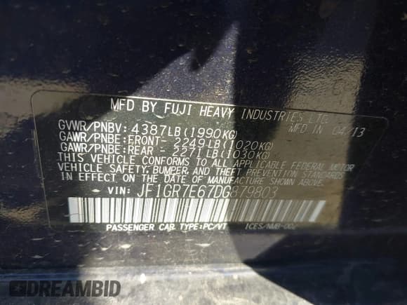 ✅ 2013 Subaru WRX WRX Premium • VIN: JF1GR7E67DG879803 • Lot: 43576657. Listed on IAAI with 156,484 mi. Free auction sales archive from the USA and detailed vehicle history report at DreamBid. Image 9.