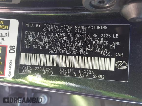 ✅ 2022 Lexus ES 300h Luxury • VIN: 58AEA1C12NU020364 • Lot: 43561724. Wystawiony na IAAI z przebiegiem 157 245 mil. Bezpłatny archiwum sprzedaży aukcyjnych z USA i szczegółowy raport historii pojazdu na DreamBid. Zdjęcie 9.