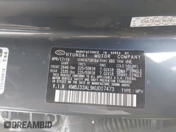 ✅ 2019 Hyundai Tucson Sport • VIN: KM8J33AL9KU017473 • Lot: 43539567. Listed on IAAI with 41,570 mi. Free auction sales archive from the USA and detailed vehicle history report at DreamBid. Image 9.