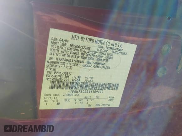 ✅ 2004 Ford Thunderbird Deluxe • VIN: 1FAHP60A34Y109432 • Лот: 43735762. Опубликован ранее на IAAI с пробегом 40 918 миль. Бесплатный доступ к архиву аукционных продаж из США и подробный отчёт об истории автомобиля на DreamBid. Изображение 9.