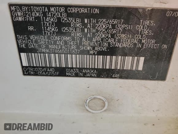 ✅ 2006 Toyota RAV4 Limited • VIN: JTMBK31V665011837 • Lot: 51497855. Listed on Copart with 240,504 mi. Free auction sales archive from the USA and detailed vehicle history report at DreamBid. Image 14.