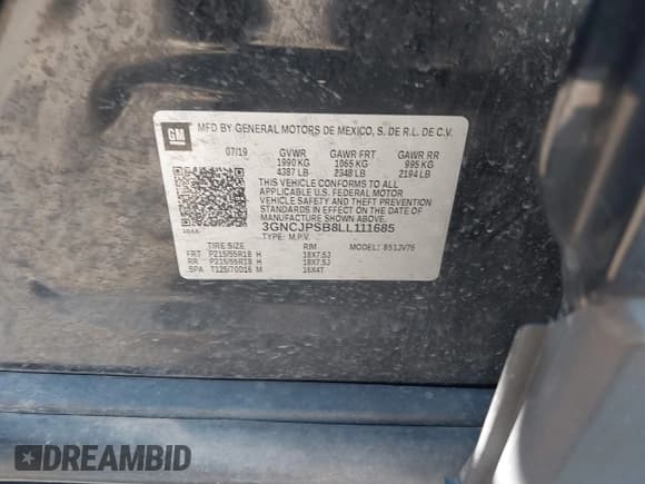 ✅ 2020 Chevrolet Trax LT • VIN: 3GNCJPSB8LL111685 • Lot: 42812306. Wystawiony na IAAI z przebiegiem Nie podano. Bezpłatny archiwum sprzedaży aukcyjnych z USA i szczegółowy raport historii pojazdu na DreamBid. Zdjęcie 9.