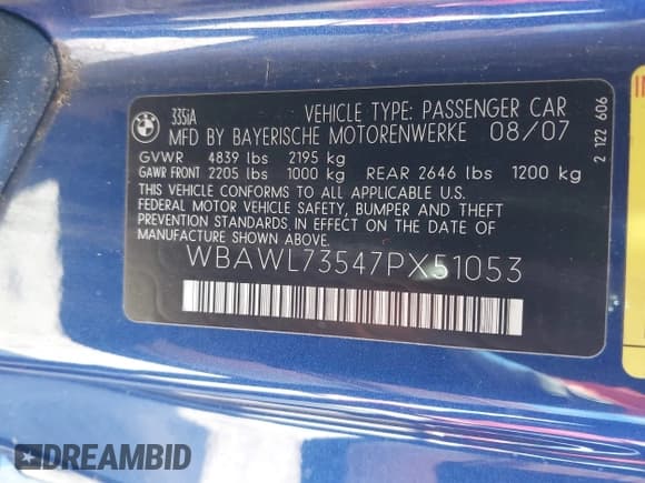 ✅ 2007 BMW 3 Series 335i • VIN: WBAWL73547PX51053 • Лот: 43813706. Опубликован ранее на IAAI с пробегом 81 559 миль. Бесплатный доступ к архиву аукционных продаж из США и подробный отчёт об истории автомобиля на DreamBid. Изображение 9.