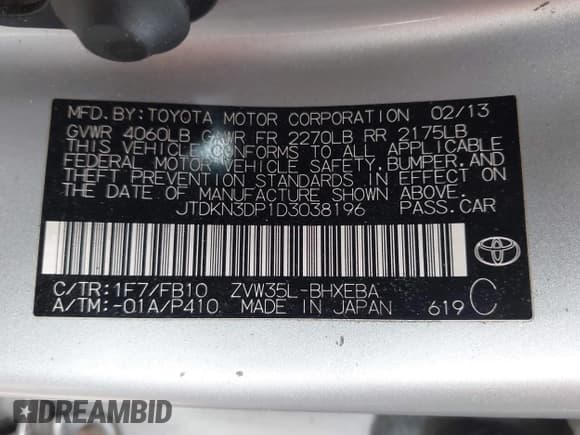 ✅ 2013 Toyota Prius • VIN: JTDKN3DP1D3038196 • Lot: 43723217. Listed on IAAI with Not provided. Free auction sales archive from the USA and detailed vehicle history report at DreamBid. Image 9.