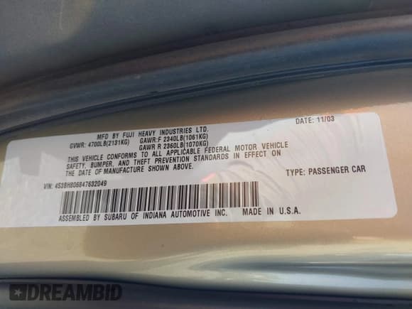 ✅ 2004 Subaru Legacy Outback L.L. Bean • VIN: 4S3BH806847632049 • Lot: 42540750. Wystawiony na IAAI z przebiegiem 190 701 mil. Bezpłatny archiwum sprzedaży aukcyjnych z USA i szczegółowy raport historii pojazdu na DreamBid. Zdjęcie 9.