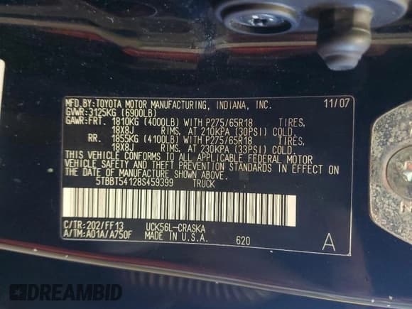 ✅ 2008 Toyota Tundra • VIN: 5TBBT54128S459399 • Лот: 71525125. Опубликован ранее на Copart с пробегом 205 537 миль. Бесплатный доступ к архиву аукционных продаж из США и подробный отчёт об истории автомобиля на DreamBid. Изображение 12.