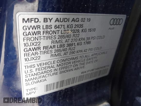 ✅ 2019 Audi Q8 Prestige • VIN: WA1FVBF16KD026714 • Lot: 42347917. Listed on IAAI with 73,689 mi. Free auction sales archive from the USA and detailed vehicle history report at DreamBid. Image 9.