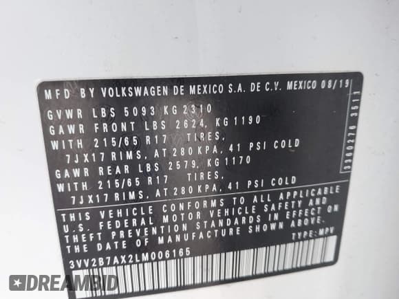 ✅ 2020 Volkswagen Tiguan SE • VIN: 3VV2B7AX2LM006165 • Lot: 43451353. Wystawiony na IAAI z przebiegiem 99 099 mil. Bezpłatny archiwum sprzedaży aukcyjnych z USA i szczegółowy raport historii pojazdu na DreamBid. Zdjęcie 9.