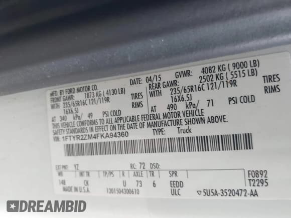 ✅ 2015 Ford Transit Cargo • VIN: 1FTYR2ZM4FKA94360 • Lot: 41931202. Listed on IAAI with 324,881 mi. Free auction sales archive from the USA and detailed vehicle history report at DreamBid. Image 9.