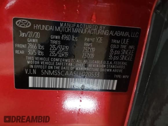 ✅ 2020 Hyundai Santa Fe Limited • VIN: 5NMS5CAA5LH220533 • Lot: 46467904. Wystawiony na Copart z przebiegiem 22 789 mil. Bezpłatny archiwum sprzedaży aukcyjnych z USA i szczegółowy raport historii pojazdu na DreamBid. Zdjęcie 12.