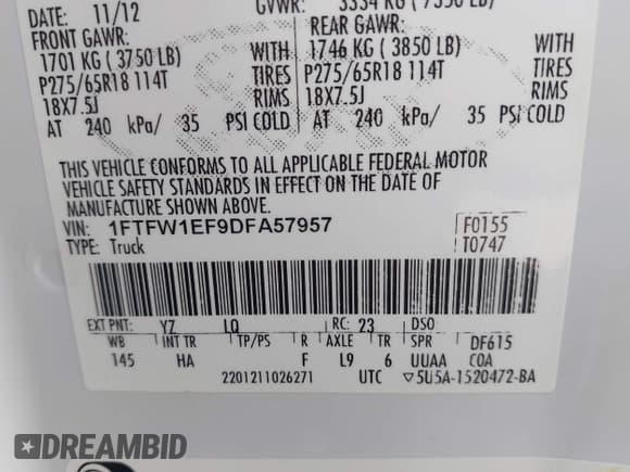 ✅ 2013 Ford F-150 XL • VIN: 1FTFW1EF9DFA57957 • Lot: 42652394. Listed on IAAI with 170,633 mi. Free auction sales archive from the USA and detailed vehicle history report at DreamBid. Image 9.