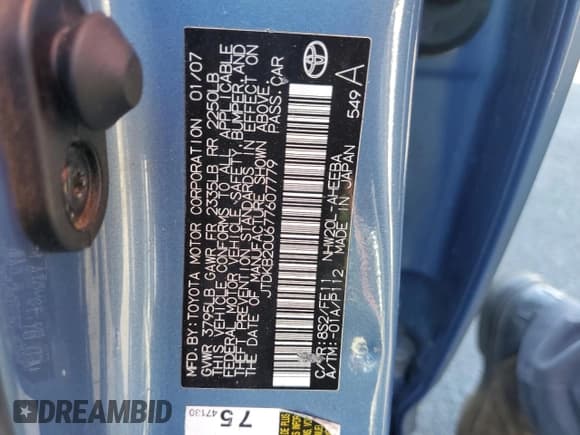 ✅ 2007 Toyota Prius • VIN: JTDKB20U677607779 • Lot: 91129285. Listed on Copart with 192,240 mi. Free auction sales archive from the USA and detailed vehicle history report at DreamBid. Image 12.