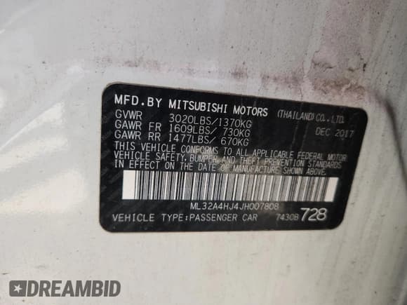 ✅ 2018 Mitsubishi Mirage SE • VIN: ML32A4HJ4JH007808 • Lot: 64560375. Listed on Copart with 93,572 mi. Free auction sales archive from the USA and detailed vehicle history report at DreamBid. Image 13.