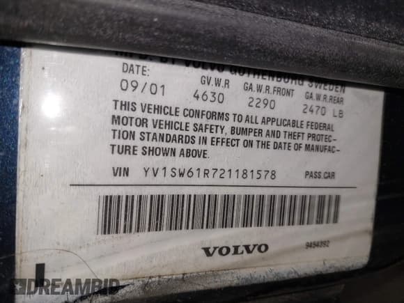 ✅ 2002 Volvo V70 • VIN: YV1SW61R721181578 • Lot: 41620282. Listed on IAAI with 260,803 mi. Free auction sales archive from the USA and detailed vehicle history report at DreamBid. Image 9.