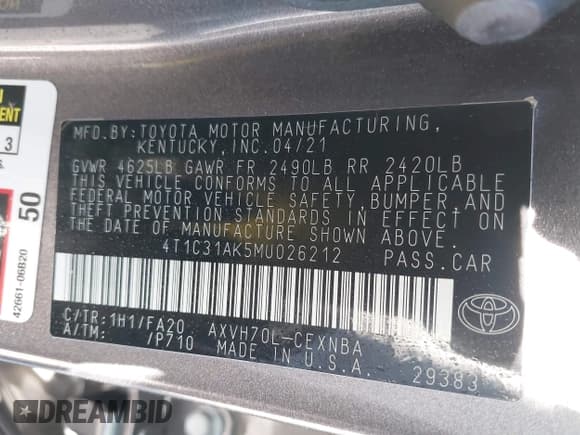 ✅ 2021 Toyota Camry Hybrid LE • VIN: 4T1C31AK5MU026212 • Lot: 43577804. Listed on IAAI with 33,718 mi. Free auction sales archive from the USA and detailed vehicle history report at DreamBid. Image 9.