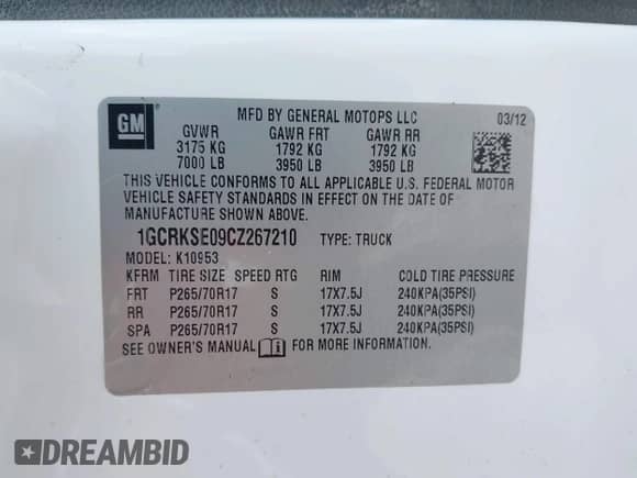 2012 Chevrolet Silverado 1500 LT with VIN 1GCRKSE09CZ267210, listed as a IAAI auction lot 42498220 with 171,624 mi miles and . Bid and sale history available at DreamBid. Image 9.