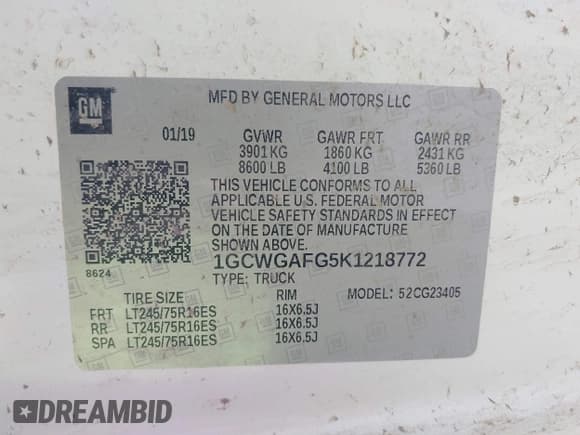 ✅ 2019 Chevrolet Express Cargo • VIN: 1GCWGAFG5K1218772 • Лот: 42178206. Опубликован ранее на IAAI с пробегом 156 571 миль. Бесплатный доступ к архиву аукционных продаж из США и подробный отчёт об истории автомобиля на DreamBid. Изображение 9.