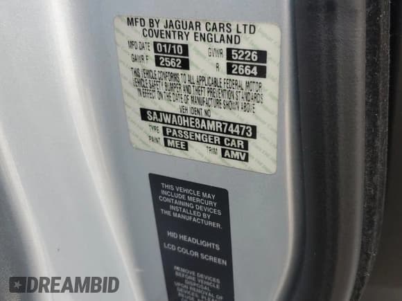 ✅ 2010 Jaguar XF Supercharged • VIN: SAJWA0HE8AMR74473 • Lot: 81590505. Listed on Copart with Not provided. Free auction sales archive from the USA and detailed vehicle history report at DreamBid. Image 12.