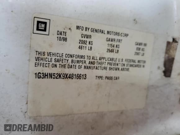 ✅ 1999 Oldsmobile 88 LS • VIN: 1G3HN52K9X4816613 • Lot: 64953925. Listed on Copart with 101,893 mi. Free auction sales archive from the USA and detailed vehicle history report at DreamBid. Image 12.