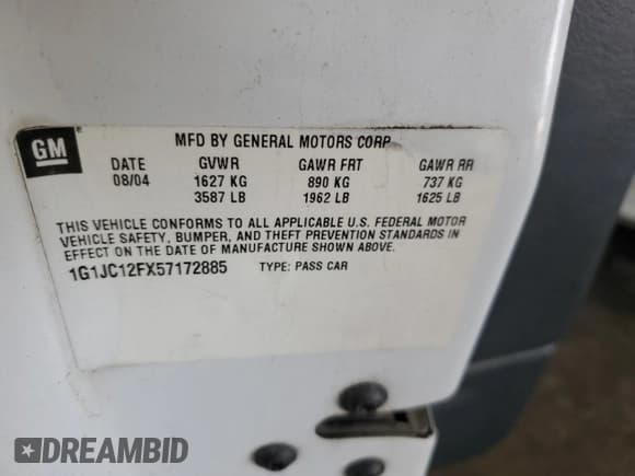 ✅ 2005 Chevrolet Cavalier • VIN: 1G1JC12FX57172885 • Lot: 55750025. Listed on Copart with 379,583 mi. Free auction sales archive from the USA and detailed vehicle history report at DreamBid. Image 12.