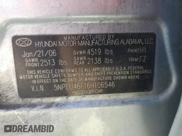 2006 Hyundai Sonata GLS z VIN 5NPEU46F16H106546, wystawiony jako Copart lot #72149074 z przebiegiem 130 880 mil mil oraz Szkoda całkowita • Salvage title. Historia ofert i sprzedaży dostępna na DreamBid. Obrazek 13.