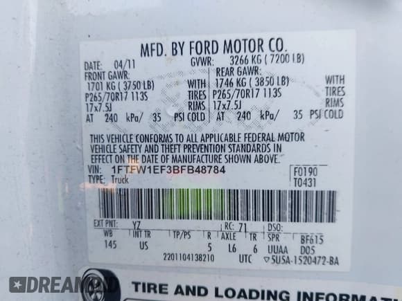 ✅ 2011 Ford F-150 XL • VIN: 1FTFW1EF3BFB48784 • Lot: 43536258. Listed on IAAI with 340,026 mi. Free auction sales archive from the USA and detailed vehicle history report at DreamBid. Image 9.