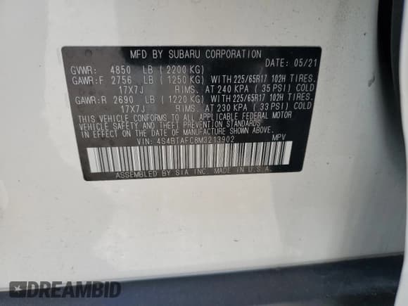 ✅ 2021 Subaru Outback Premium • VIN: 4S4BTAFC8M3213902 • Lot: 86516505. Listed on Copart with 36,005 mi. Free auction sales archive from the USA and detailed vehicle history report at DreamBid. Image 13.