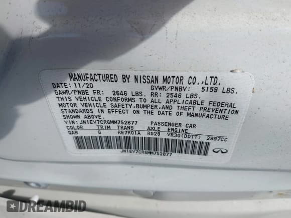 ✅ 2021 Infiniti Q50 Sensory • VIN: JN1EV7CR6MM752877 • Лот: 43059035. Опубликован ранее на IAAI с пробегом 22 337 миль. Бесплатный доступ к архиву аукционных продаж из США и подробный отчёт об истории автомобиля на DreamBid. Изображение 9.