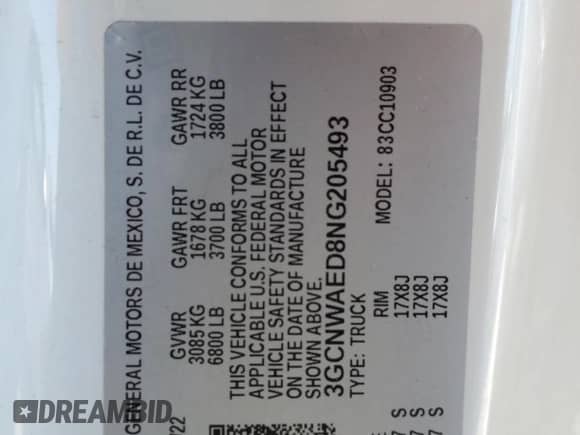2022 Chevrolet Silverado 1500 Work Truck z VIN 3GCNWAED8NG205493, wystawiony jako Copart lot #80735154 z przebiegiem 49 268 mil mil oraz Szkoda całkowita • Salvage title. Historia ofert i sprzedaży dostępna na DreamBid. Obrazek 12.