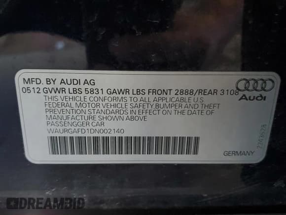 ✅ 2013 Audi A8 3.0L • VIN: WAURGAFD1DN002140 • Lot: 59010105. Listed on Copart with 151,732 mi. Free auction sales archive from the USA and detailed vehicle history report at DreamBid. Image 12.