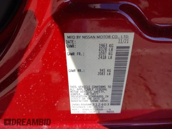 ✅ 2022 Nissan Altima SV • VIN: 1N4BL4DV6NN312403 • Lot: 43346399. Wystawiony na IAAI z przebiegiem 22 660 mil. Bezpłatny archiwum sprzedaży aukcyjnych z USA i szczegółowy raport historii pojazdu na DreamBid. Zdjęcie 9.