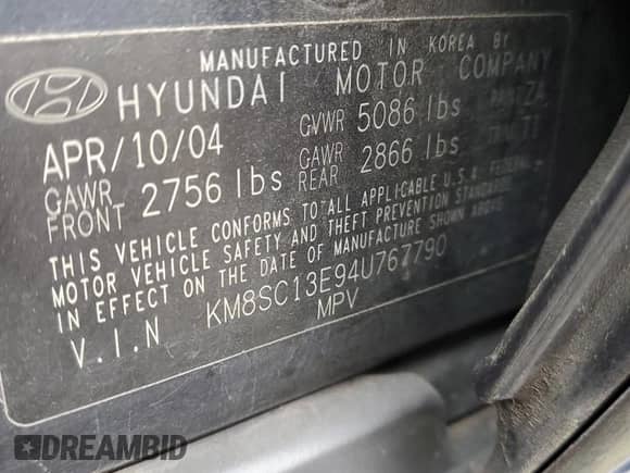 2004 Hyundai Santa Fe GLS с VIN KM8SC13E94U767790, выставлен на аукционе Copart как лот 51494985 с пробегом 107 480 миль миль и Чистый • Clean title. История ставок и продаж доступна на DreamBid. Изображение 13.