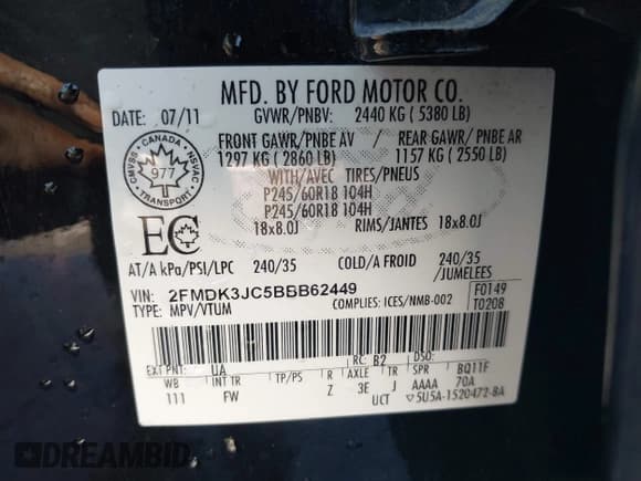 ✅ 2011 Ford Edge SEL • VIN: 2FMDK3JC5BBB62449 • Лот: 43245782. Опубликован ранее на IAAI с пробегом 123 099 миль. Бесплатный доступ к архиву аукционных продаж из США и подробный отчёт об истории автомобиля на DreamBid. Изображение 9.