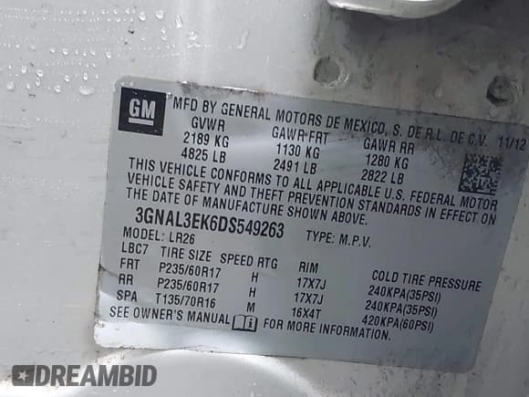 ✅ 2013 Chevrolet Captiva Sport LT • VIN: 3GNAL3EK6DS549263 • Lot: 41553136. Wystawiony na IAAI z przebiegiem 196 105 mil. Bezpłatny archiwum sprzedaży aukcyjnych z USA i szczegółowy raport historii pojazdu na DreamBid. Zdjęcie 9.