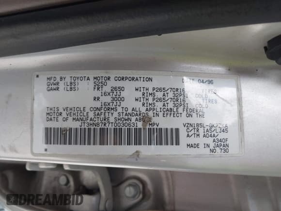 ✅ 1996 Toyota 4Runner Limited • VIN: JT3HN87R7T0030631 • Lot: 42255229. Listed on IAAI with 193,837 mi. Free auction sales archive from the USA and detailed vehicle history report at DreamBid. Image 9.