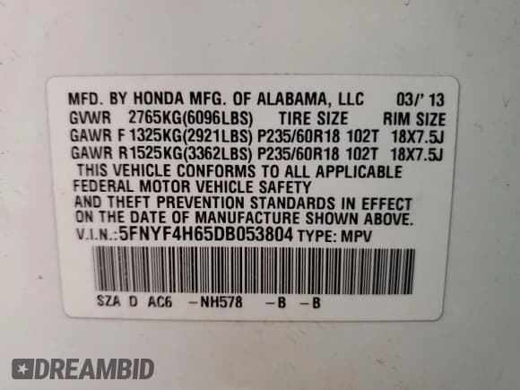 ✅ 2013 Honda Pilot EX-L • VIN: 5FNYF4H65DB053804 • Lot: 58398155. Wystawiony na Copart z przebiegiem 153 781 mil. Bezpłatny archiwum sprzedaży aukcyjnych z USA i szczegółowy raport historii pojazdu na DreamBid. Zdjęcie 12.