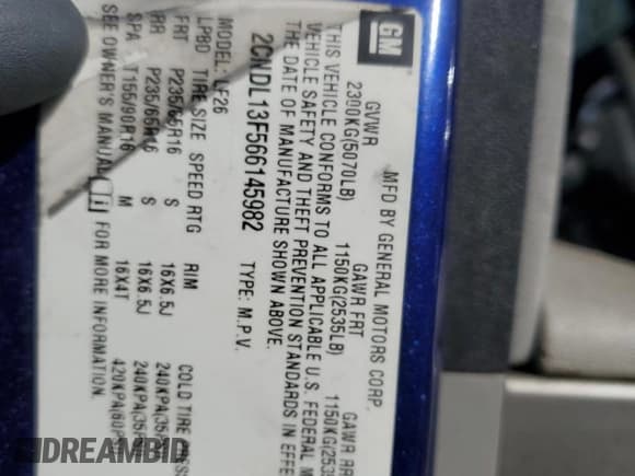 ✅ 2006 Chevrolet Equinox LS • VIN: 2CNDL13F566145982 • Лот: 44380295. Опубликован ранее на Copart с пробегом Не указан. Бесплатный доступ к архиву аукционных продаж из США и подробный отчёт об истории автомобиля на DreamBid. Изображение 13.