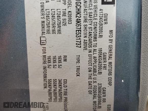 ✅ 2007 Chevrolet Silverado 2500HD Work Truck • VIN: 1GCHK24K67E531737 • Lot: 62553175. Wystawiony na Copart z przebiegiem 142 805 mil. Bezpłatny archiwum sprzedaży aukcyjnych z USA i szczegółowy raport historii pojazdu na DreamBid. Zdjęcie 12.