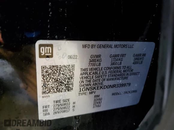 ✅ 2022 Chevrolet Suburban RST • VIN: 1GNSKEKD0NR339979 • Lot: 57858355. Listed on Copart with 20,359 mi. Free auction sales archive from the USA and detailed vehicle history report at DreamBid. Image 13.