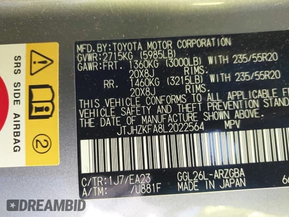 ✅ 2020 Lexus RX 350L • VIN: JTJHZKFA8L2022564 • Lot: 42383775. Listed on IAAI with 48,234 mi. Free auction sales archive from the USA and detailed vehicle history report at DreamBid. Image 9.