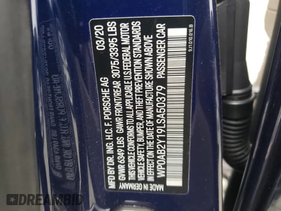 ✅ 2020 Porsche Taycan 4S • VIN: WP0AB2Y19LSA50379 • Лот: 45070203. Опубликован ранее на Copart с пробегом Не указан. Бесплатный доступ к архиву аукционных продаж из США и подробный отчёт об истории автомобиля на DreamBid. Изображение 12.