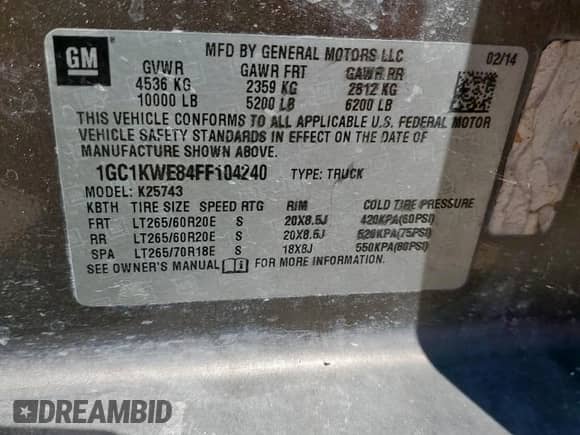 2015 Chevrolet Silverado 2500HD LTZ с VIN 1GC1KWE84FF104240, выставлен на аукционе Copart как лот 84268505 с пробегом 361 305 миль миль и Списание • Salvage title. История ставок и продаж доступна на DreamBid. Изображение 12.