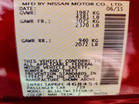 ✅ 2015 Nissan Altima S • VIN: 1N4BL3AP6FC468454 • Lot: 94954835. Listed on Copart with 105,523 mi. Free auction sales archive from the USA and detailed vehicle history report at DreamBid. Image 13.