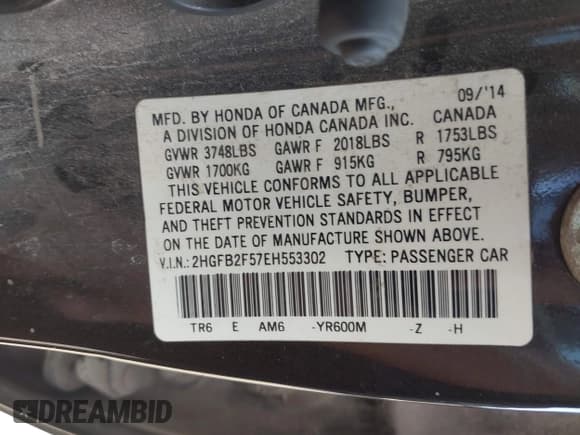 ✅ 2014 Honda Civic LX • VIN: 2HGFB2F57EH553302 • Лот: 43492883. Опубликован ранее на IAAI с пробегом 224 385 миль. Бесплатный доступ к архиву аукционных продаж из США и подробный отчёт об истории автомобиля на DreamBid. Изображение 9.