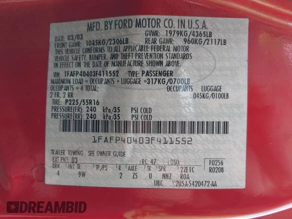 ✅ 2003 Ford Mustang Standard • VIN: 1FAFP40403F411552 • Lot: 42829909. Wystawiony na IAAI z przebiegiem 217 558 mil. Bezpłatny archiwum sprzedaży aukcyjnych z USA i szczegółowy raport historii pojazdu na DreamBid. Zdjęcie 9.